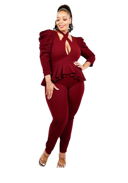 maroon jumpsuit